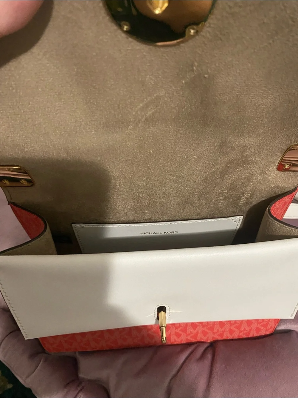 Michael Kors Red and White Chain Strap Shoulder Bag with Gold Logo